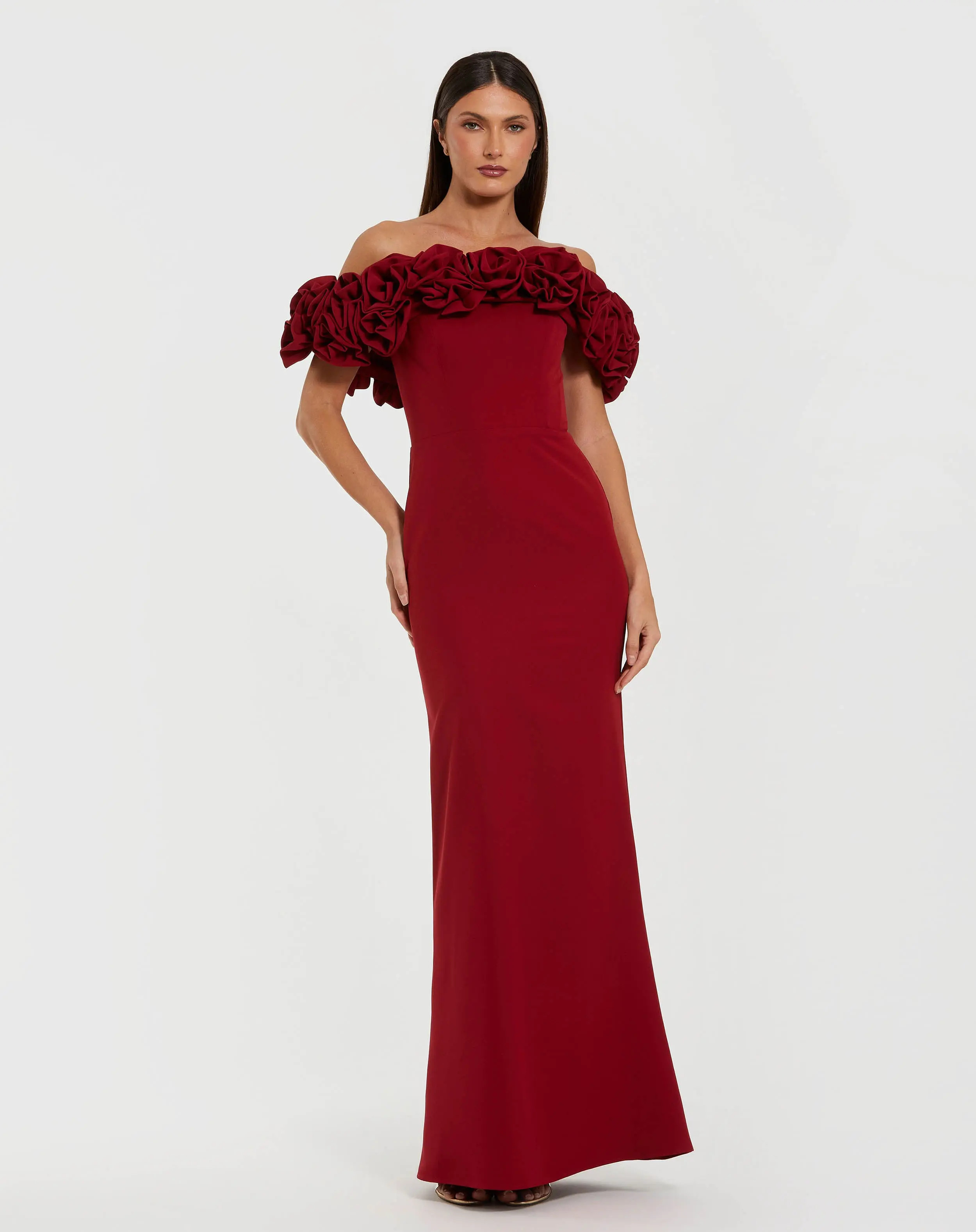 Crepe Off The Shoulder Column Gown With 3D Roses | Mac Duggal | Mac Duggal