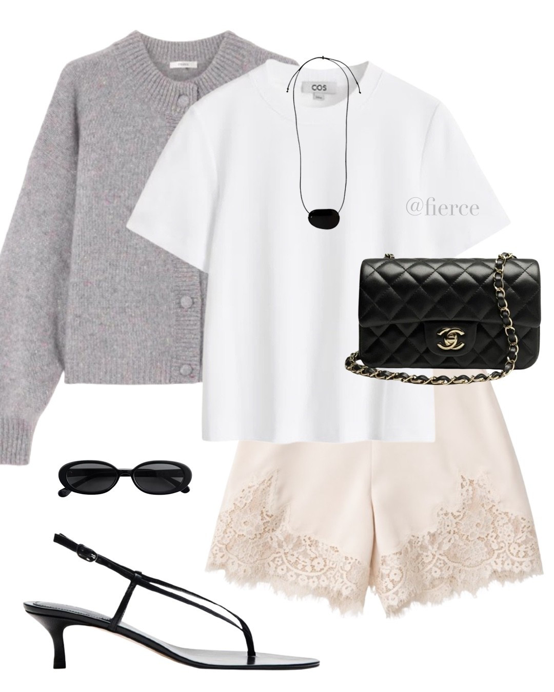 Grey cardigan satin lace shorts black minimal sandals chic casual look lunch date 

#LTKuk #LTKsummer #LTKspring