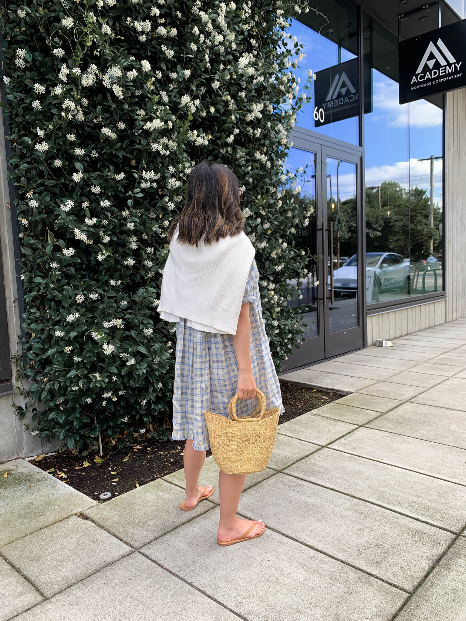 Doen dress. This one is old but linked a few similar. 

Dress - Doen xs
Cardigan - j.crew xxs
Bag - Dear Keaton
Sandals - Beek 5
 