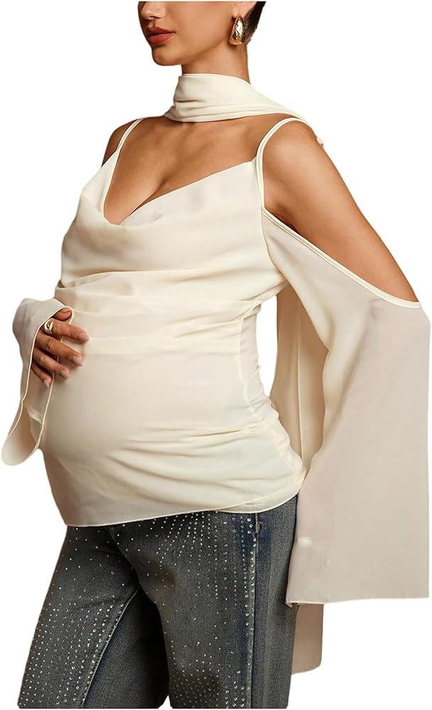 MakeMeChic Women's Maternity Clothes Summer Draped Cold Shoulder Bell Sleeve Pregnancy Tops with ... | Amazon (US)
