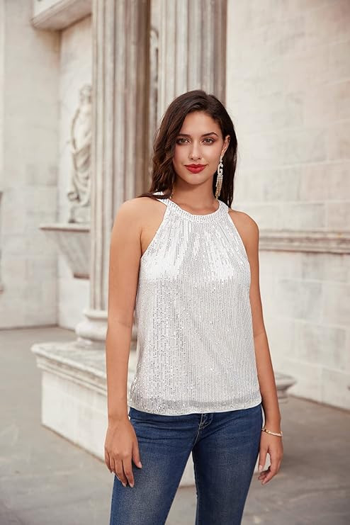 GRACE KARIN Sequin Halter Tops for Women Sleeveless Dressy Sparkle Tank Camisole Tops Party Club ... | Amazon (US)