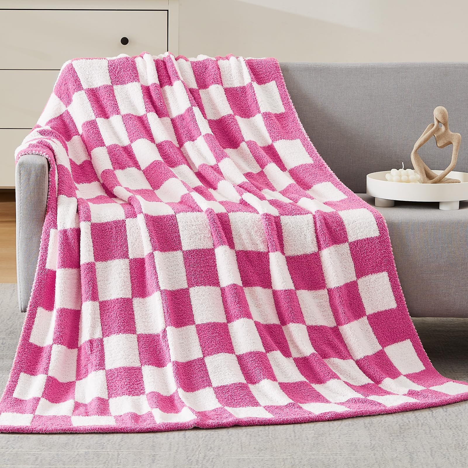 WRENSONGE Checkered Throw Blanket, Hot Pink Soft Cozy Fluffy Warm Hand Made Throw Blankets for Co... | Amazon (US)