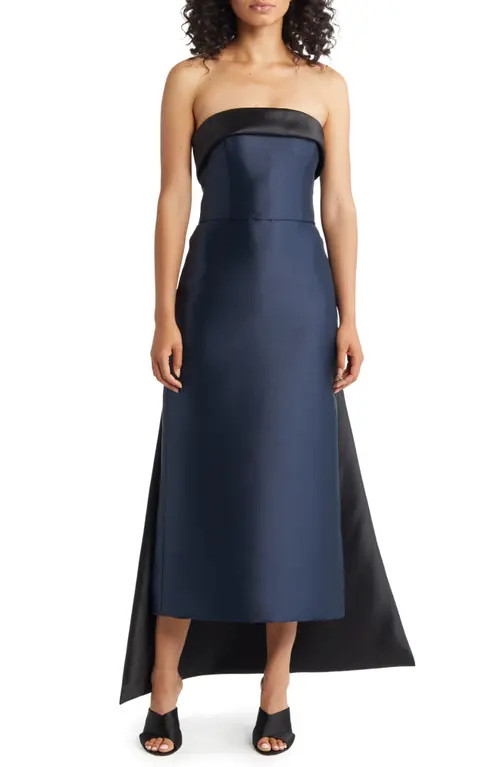 Amsale Two-Tone Strapless Watteau Gown in Navy/Black at Nordstrom, Size 14 | Nordstrom