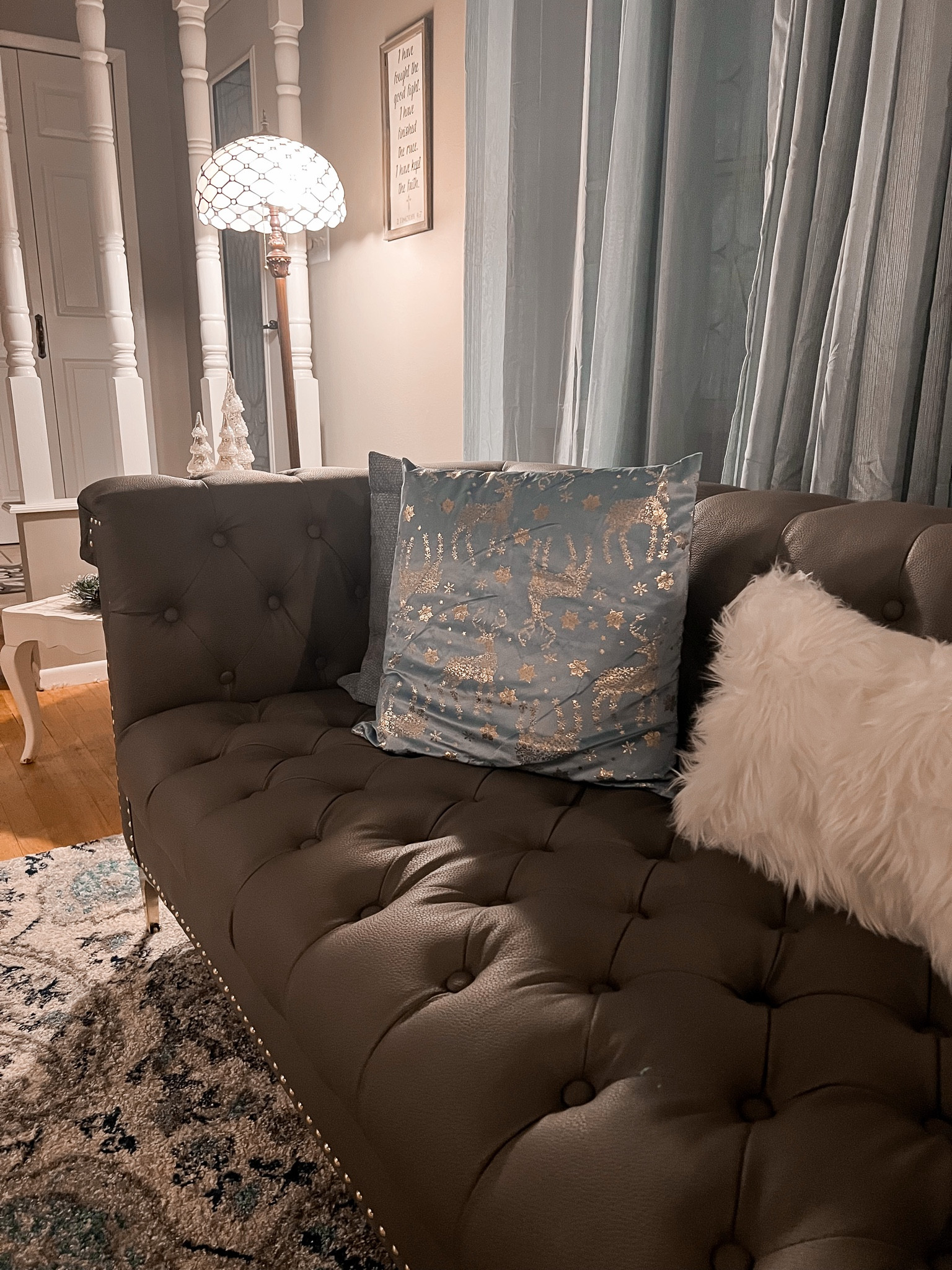 Up close on hold decor - holiday throw pillows - holiday pillow covers - tufted
Chesterfield couch - tufted Chesterfield sofa - white Tiffany floor lamp - Amazon Home - Amazon Finds 

#LTKhome #LTKHoliday #LTKunder50