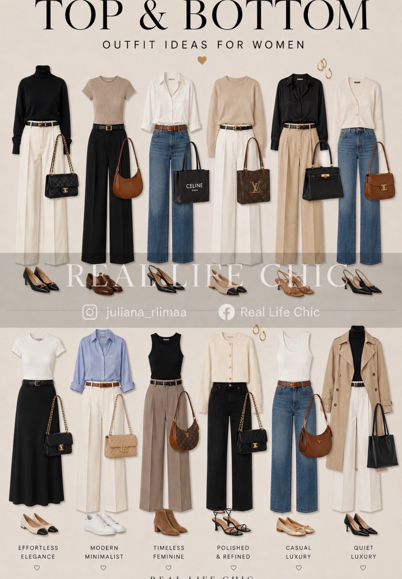 The easiest way to get dressed? Start with timeless top-and-bottom combinations. 🤍🖤

These outfit formulas take the guesswork out of getting ready. Mix classic tops with versatile bottoms, add your favorite accessories, and you’ll have polished looks you can wear on repeat.

I linked similar pieces for every outfit so you can recreate your favorites. Save this for inspiration and shop before your size is gone!

top and bottom outfit ideas, outfit formulas, timeless outfit ideas, capsule wardrobe outfits, classic wardrobe staples, neutral outfit inspiration, quiet luxury style, minimalist fashion, women over 40 fashion, chic everyday outfits, blazer outfits, white jeans outfit, black trousers outfit, wide leg jeans outfit, midi skirt outfit, effortless style, elevated basics, classic fashion, LTK outfit ideas, Real Life Chic

#LTKootd #LTKOver40 #LTKSaleAlert