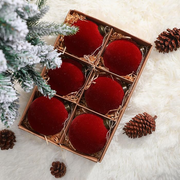 6 Pcs 4 Inch Flocked Velvet Christmas Tree Ball Ornament Glass Velvet Xmas Hanging Ornament Large... | Amazon (US)