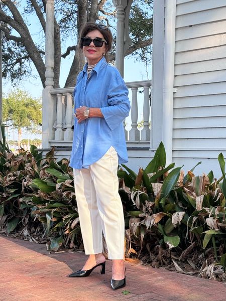 Classic style with a twist. My oversize Mediterranean blue shirt with white trousers and a black slide will always be an elevated modern look not to mention it’s super comfy

#LTKstyletip #LTKover40 #LTKfindsunder100