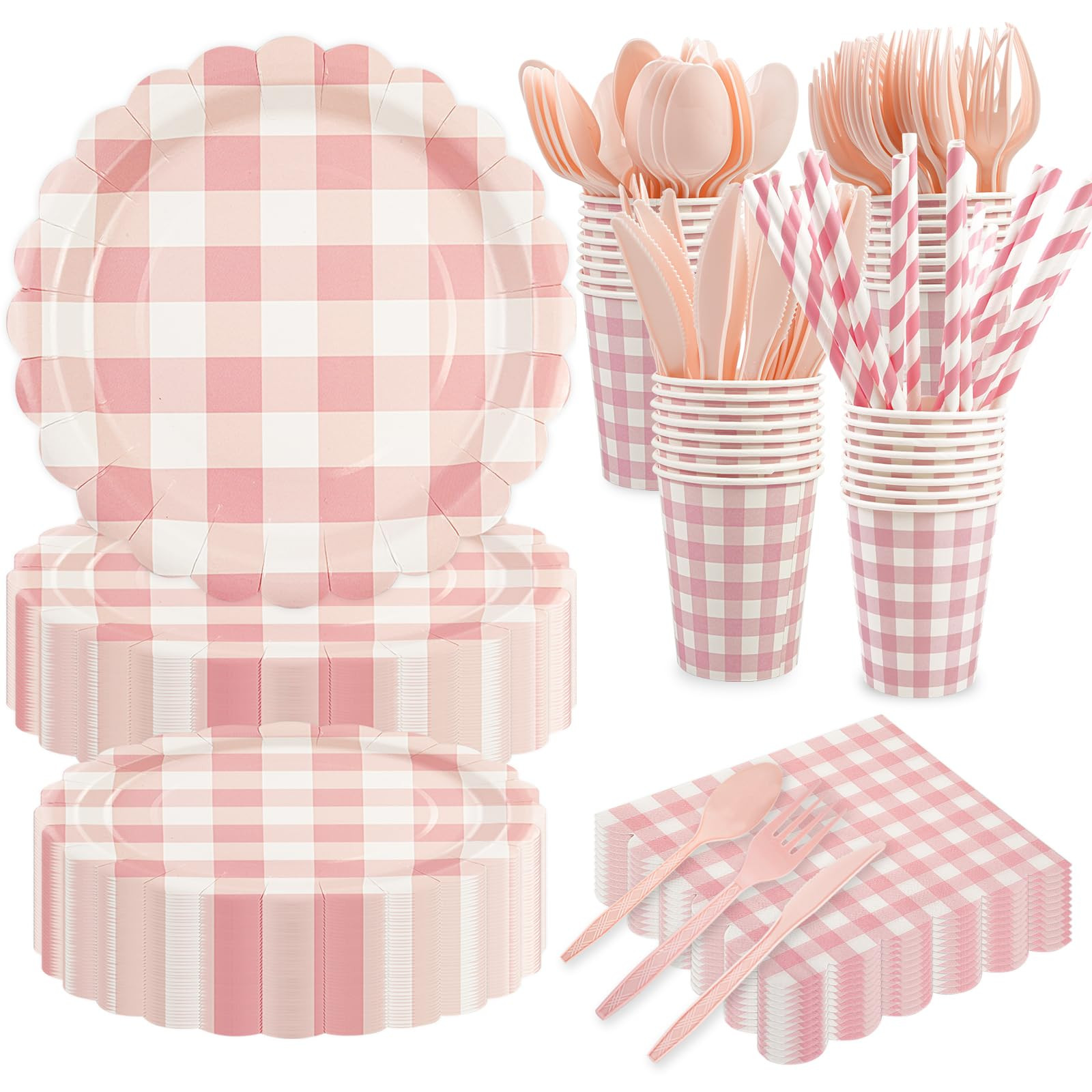 400PCS Light Pink Gingham Party Supplies, Scalloped Disposable Tableware Set Includes Paper Plate... | Amazon (US)