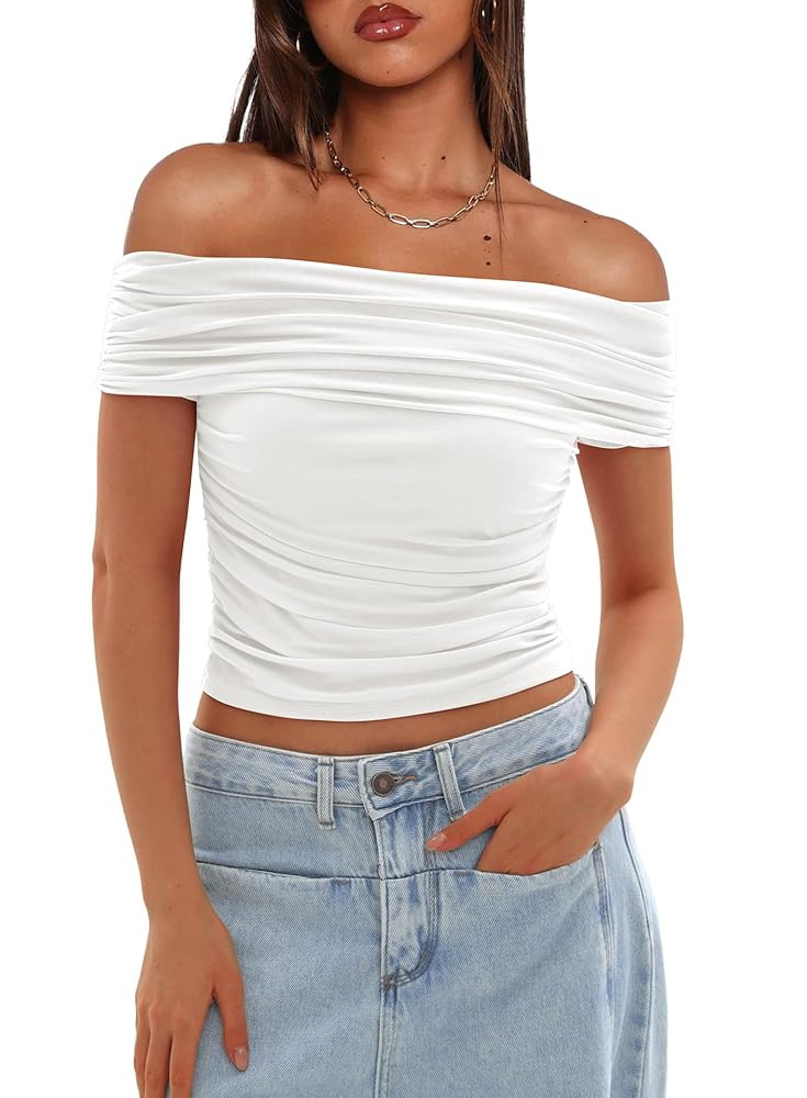 Darong Women Mesh Off The Shoulder Top Short Sleeve Double Lined Ruched Shirts Trendy Going Out T... | Amazon (US)