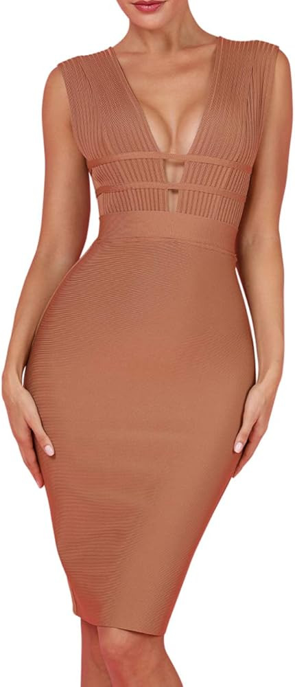 UONBOX Women's Sleeveless Deep Plunge V Neck Night Club Party Bandage Dress with Waist Straps | Amazon (US)
