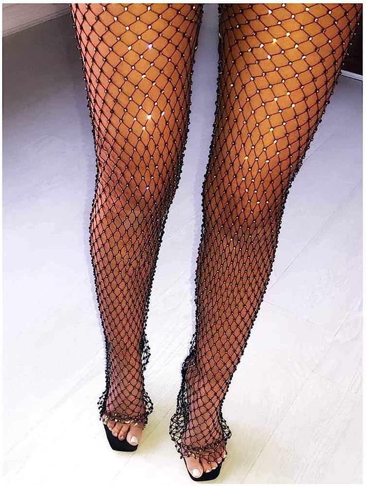 Yokawe Rhinestones Fishnet Pants Black Mesh See Through Leggings Nightclub Party Rave Body Access... | Amazon (US)