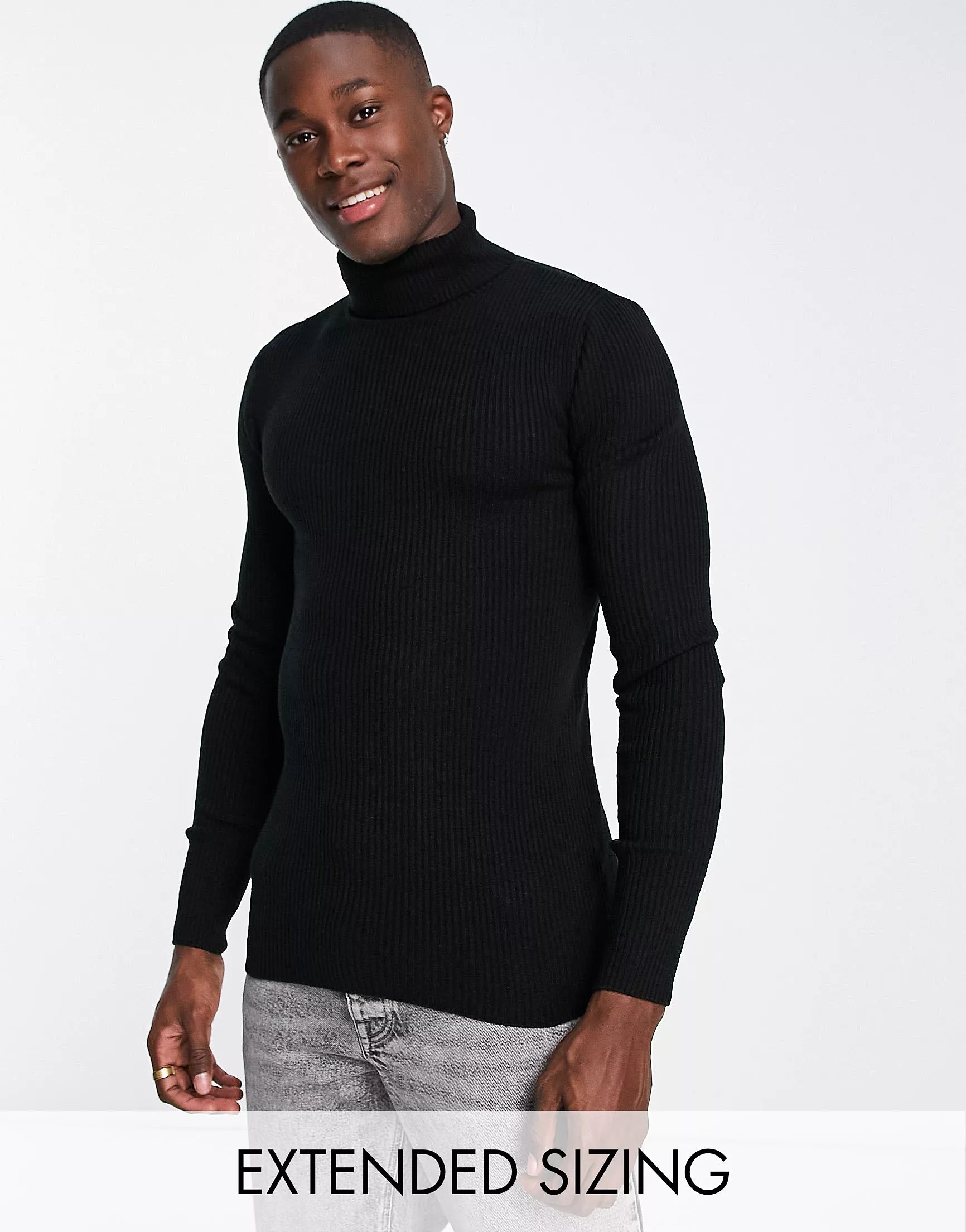 ASOS DESIGN lightweight rib sweater with roll neck in black | ASOS (Global)