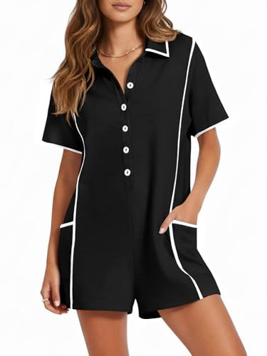 Fisoew Womens Casual Rompers Summer Short Sleeve Polo V Neck Button Down Loose Fit Short Jumpsuits Outfits with Pockets | Amazon (US)