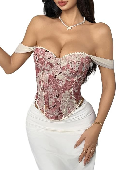 Women's Vintage Floral Corset Top Lace Trim Off Shoulder Mesh Wide Strap Padded Bustier Going Out... | Amazon (US)