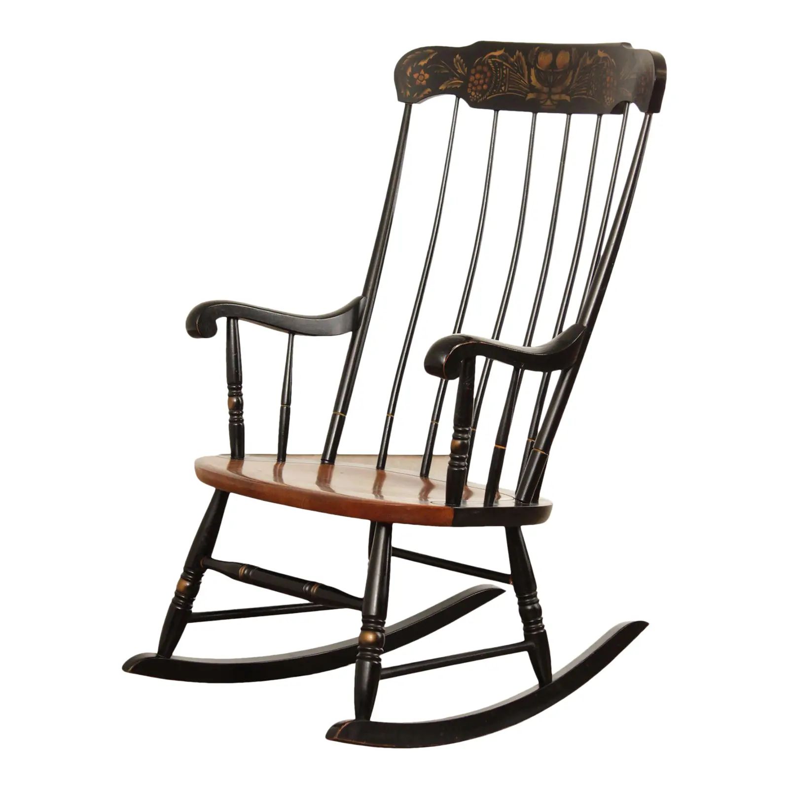 1970s L. Hitchcock Ebonized & Gold-Stenciled Windsor Rocking Chair | Chairish