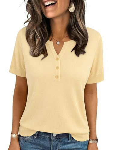 LOMON Womens Short Sleeve Sweater V Neck Lightweight Knit Spring Summer Tops Henley Button Blouse... | Amazon (US)