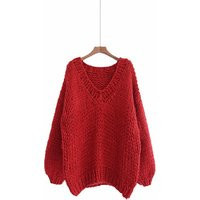 Hand Knit Wool Oversize Sweater Slouchy Red V-Neck | Etsy (US)