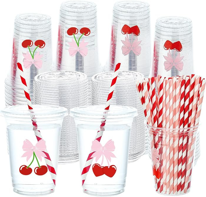 taupphoo 50 Pcs 16 oz Pink Bow Cherry Plastic Cups with Lids and Straws Bow Cherry Party Supplies... | Amazon (US)