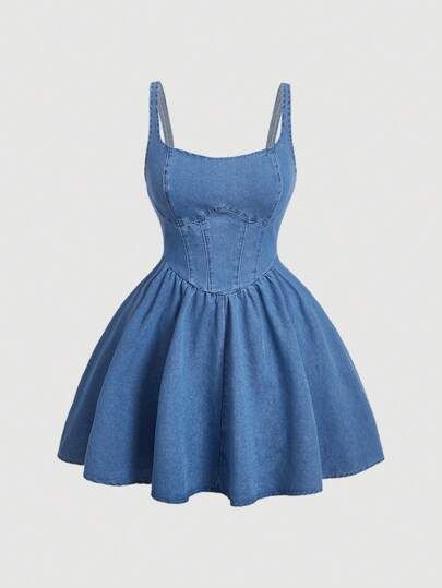 SHEIN MOD Plus Size Women's Denim Mini Dress With Sweetheart Neckline And Spaghetti Straps | SHEIN