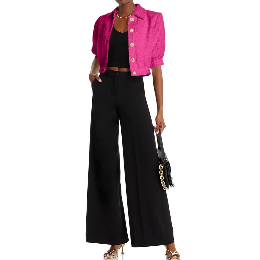 Women's Cropped Tweed Blazer Puff Sleeves Short Sleeve Jacket with Gold Buttons | Amazon (US)