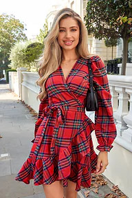 Red Plaid Blouson Sleeve Ruffle Cuff Wrap Mini Dress | Cupshe US