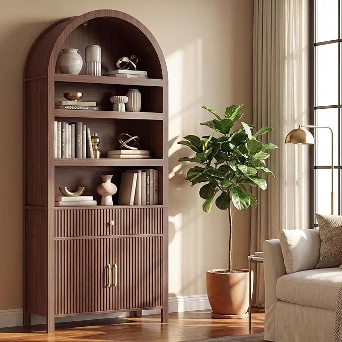 Wovenbyrd Book Shelf 70" Tall Bookcase with Drawer, 7-Tier Arched Cabinet with Storage and Fluted... | Amazon (US)