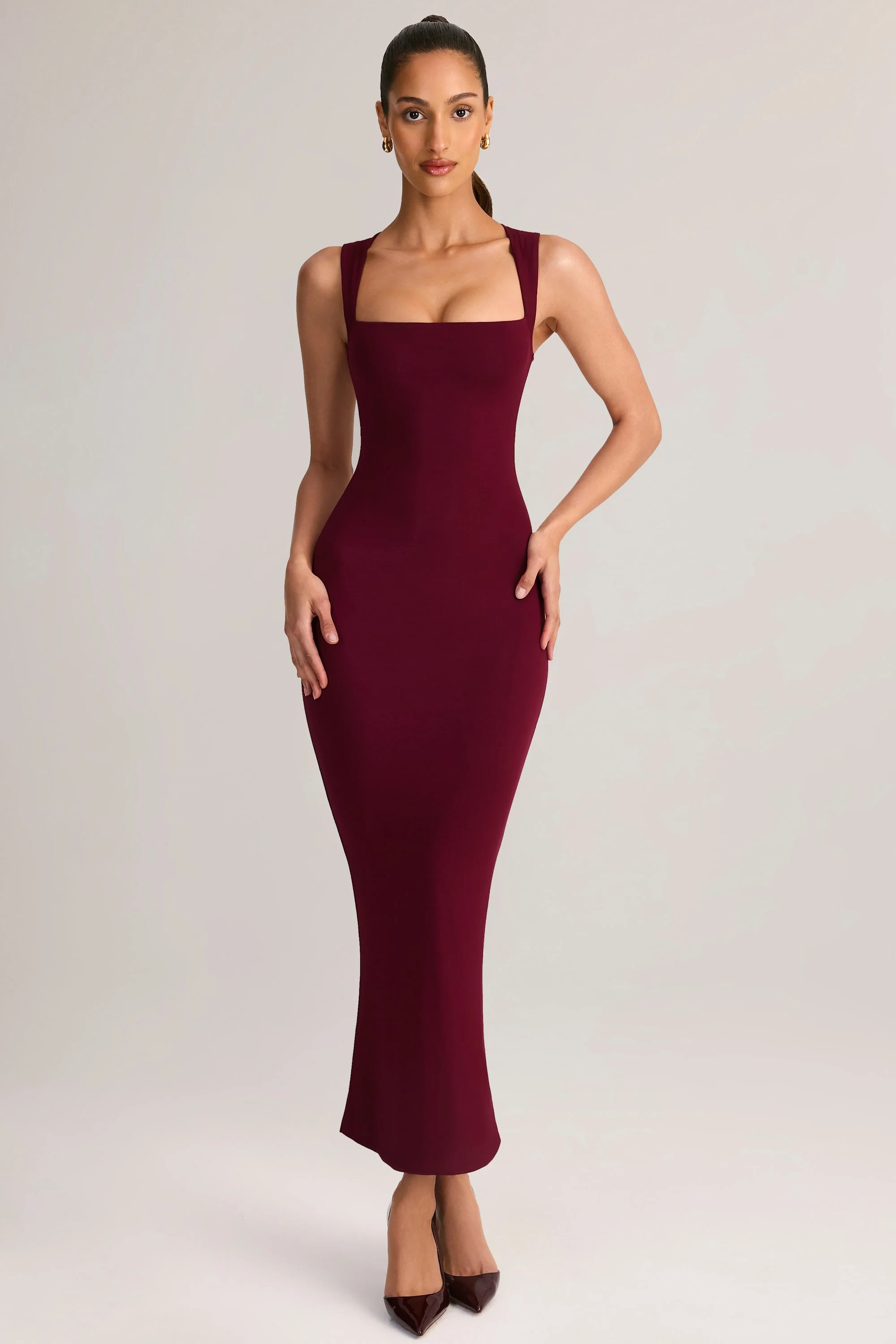 Modal Square-Neck Bodycon Midi Dress in Wine | Oh Polly