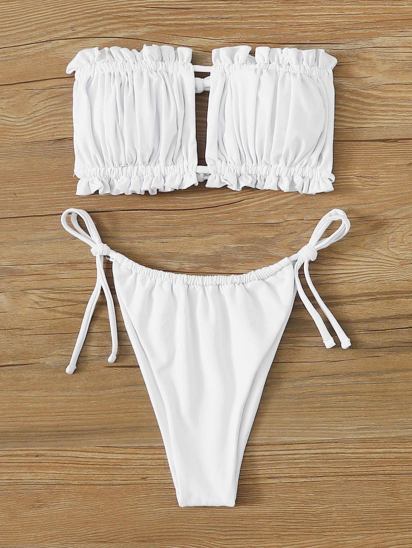Ruched Frill Trim Bandeau Tie Side Bikini Swimsuit | SHEIN
