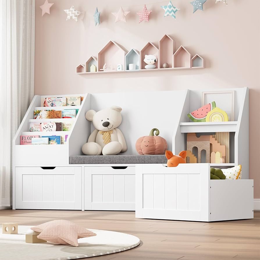 FOTOSOK 55.1’’ Kids Bookshelf with Reading Nook, Toy Storage Organizer with Seat Cushion and ... | Amazon (US)