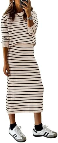 PRETTYGARDEN 2 Piece Skirts Sets For Women Fall Fashion 2025 Striped Sweater Dress Knit Lounge Tr... | Amazon (US)