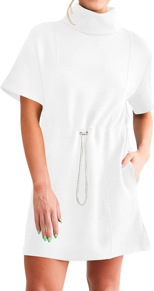 Wenrine Womens Sweatshirt Dress Drawstring Waist Short Sleeve High Neck Casual Mini Dress with Po... | Amazon (US)
