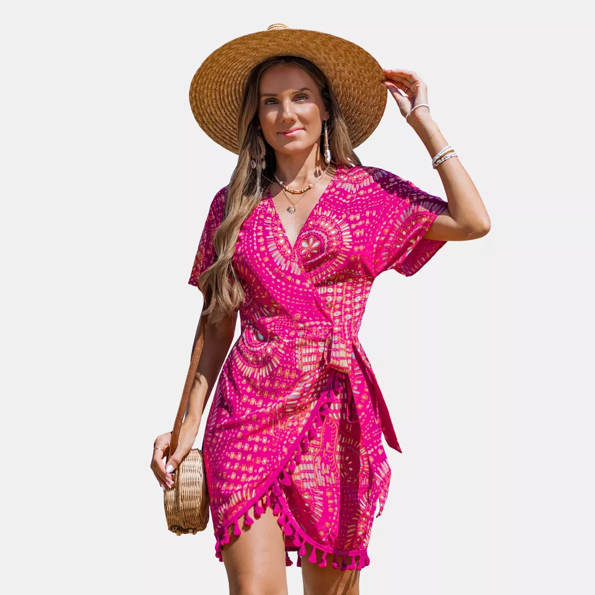 Women's Vibrant Boho Printed Beach Dress with Tassel Details - Cupshe-XL-Pink | Target