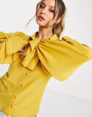 ASOS DESIGN volume sleeved soft shirt with tie cuffs in honey | ASOS (Global)