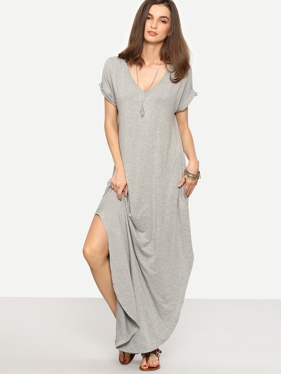 Rolled-cuff Pockets Split Maxi Dress | SHEIN