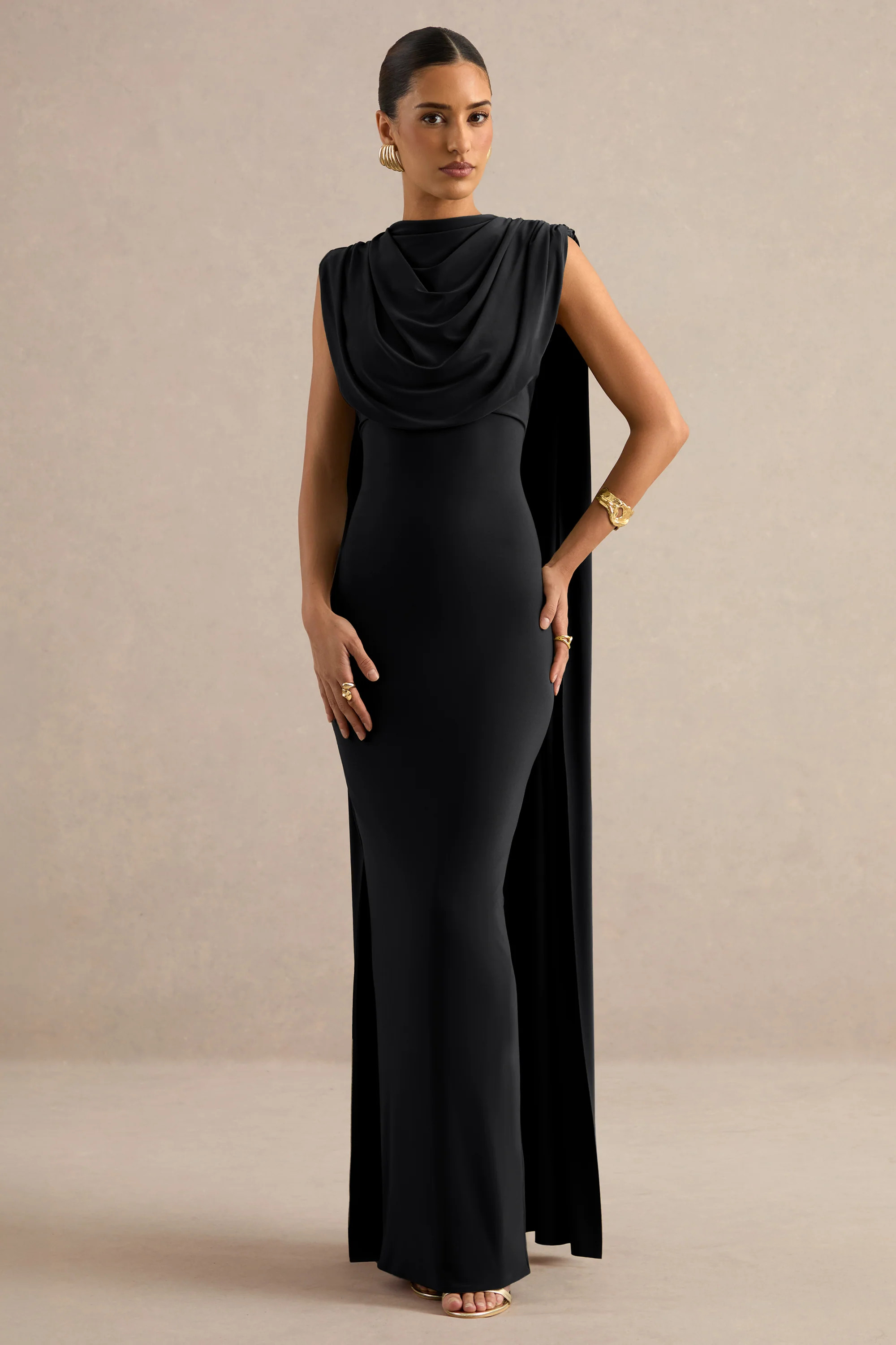 Hanina | Black Jersey Round Neck Maxi Dress With Draped Detailing And | Club L London