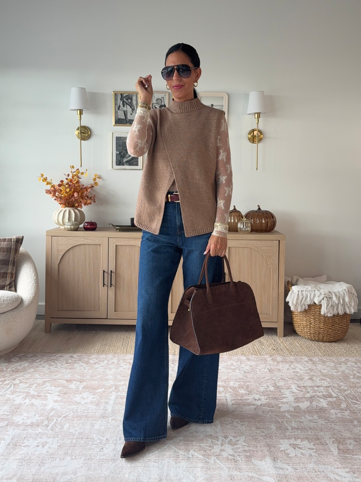 50% off wide leg denim - 2 long (tub bog and long) 
Sweater and top- small 

Casual Thanksgiving Outfit 

#LTKSaleAlert #LTKOver40 #LTKU