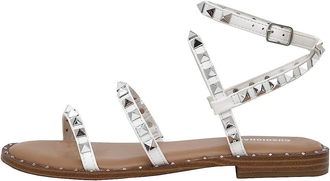 Women's Tatum Studded Ankle Strap Sandal with Memory Foam +Wide Widths Available White, 7 | Amazon (US)