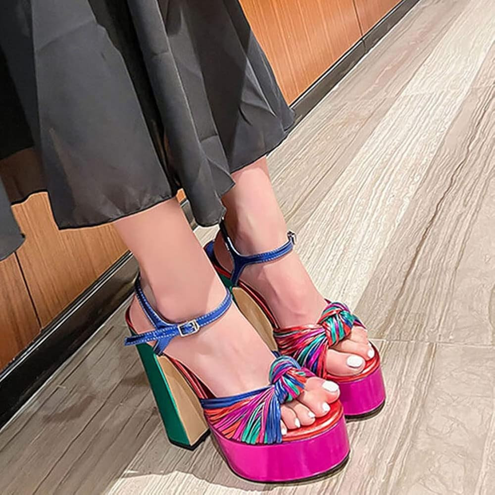 Vimisaoi Womens Platform Sandals Comfortable Open Toe Pleated Bow Knot Ankle Buckle Strap Chunky Hig | Amazon (US)