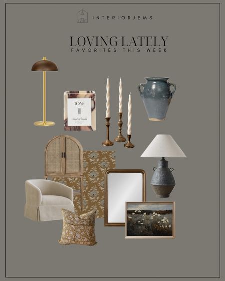 Things we have been loving lately, portable lamp, wallpaper from Amber interiors, brass candlesticks, marble candle, table, lamp, bedroom, lamp, Accent chair, lounge, chair, decorative mirror, rug, living room, furniture, decor

#LTKStyleTip #LTKHome #LTKSaleAlert
