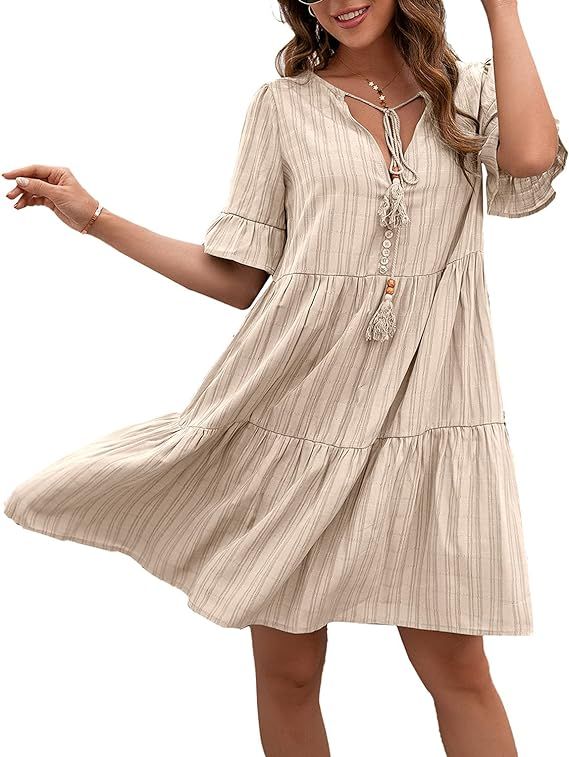 Adnee Summer Dresses for Women Short Sleeve V Neck Casual Loose Flowy Swing Shift Dresses | Amazon (US)