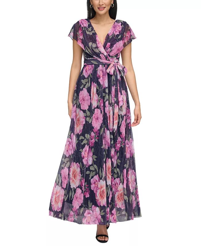 Eliza J Women's Draped Shoulder Metallic Floral Pleated Gown - Macy's | Macy's