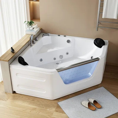 59" Corner Bathtub - 2 Person Acrylic Whirlpool Bath Tub Jetted Bathtub With 7- Color Light Spa Bath Tub With 6 Jets Hydro Massage Tub Chromatherapy - | Wayfair North America