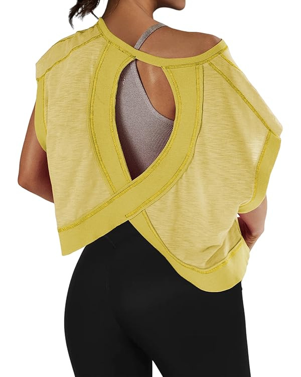 Women Open Back Short Sleeve Workout T Shirts Casual Loose Gym Running Yoga Shirt Athletic Tee Ac... | Amazon (US)