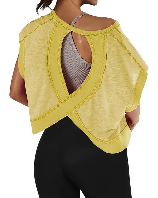 Women Open Back Short Sleeve Workout T Shirts Casual Loose Gym Running Yoga Shirt Athletic Tee Ac... | Amazon (US)