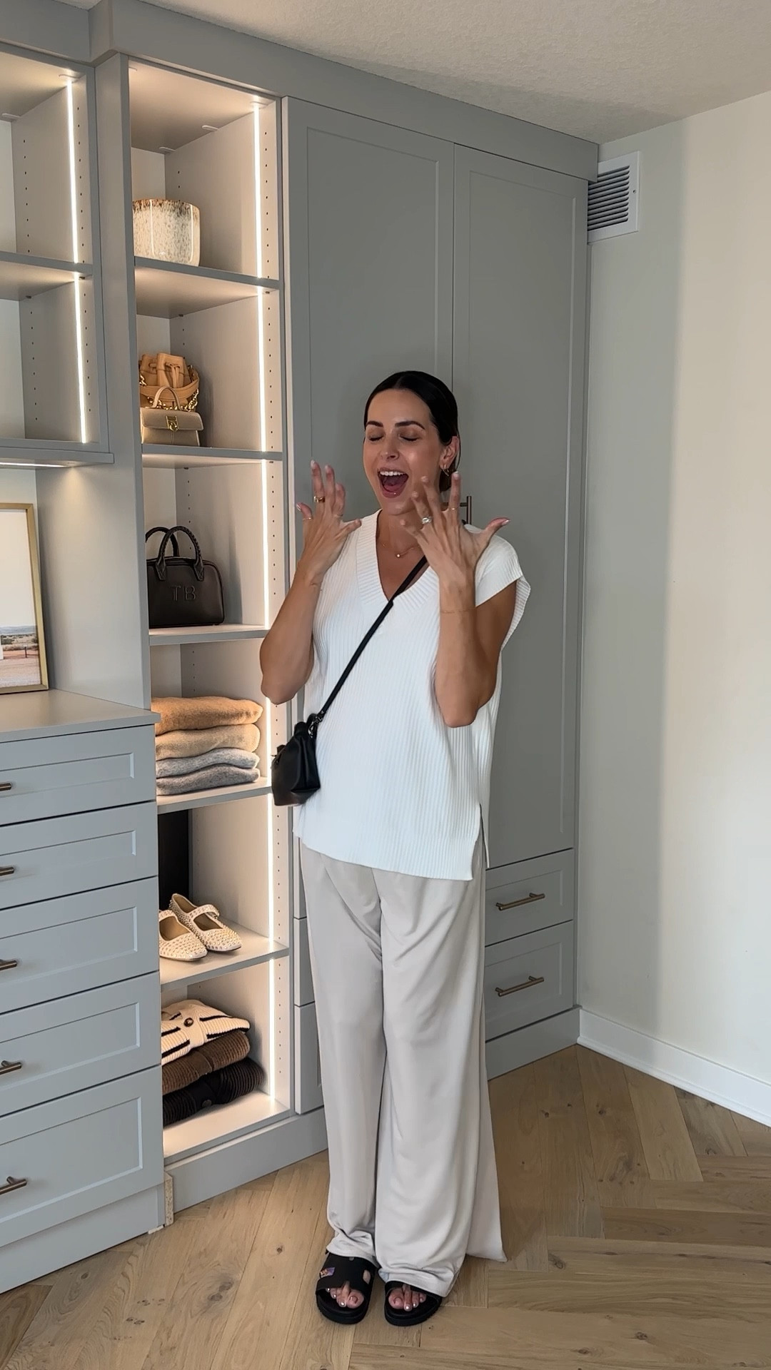 Outfit of the day with a peek at my new wardrobe system 🥹 

Amazon sweater vest has been a best seller the past few weeks!! I sized up to a M 

Wide leg pants: EXTREMELY comfy!! I sized up to a M for my bump but they run true to size (code TAYLOR20 for 20% off) 

Sandals: tts, size up for half sizes 

Bump friendly / pregnancy style / Amazon fashion 

#LTKBump #LTKVideo #LTKFindsUnder50