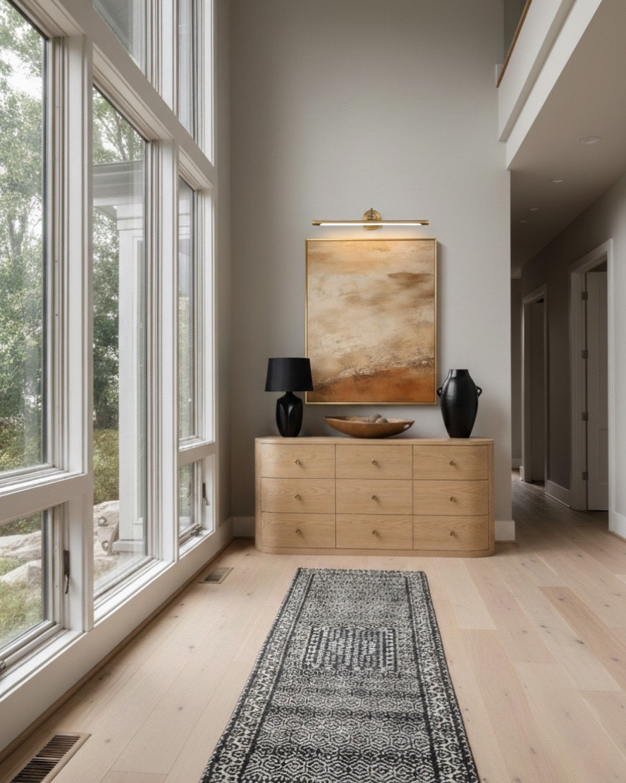 Light filled simplicity meets quiet luxury. This double height foyer embraces modern organic design with clean lines, natural wood tones, and art that sets the mood from the moment you walk in.

The curved wood console softens the architecture, paired with matte black table lamps and ceramic vases for sculptural contrast. A woven runner rug adds warmth underfoot and draws the eye toward the statement abstract wall art, finished with a brass picture light for that gallery inspired glow.

When styling entryways, I focus on balance, texture against sleek finishes, neutral tones layered with subtle contrast. Every detail should feel intentional and calm.

#LTKsale #LTKhome #LTKstyletip