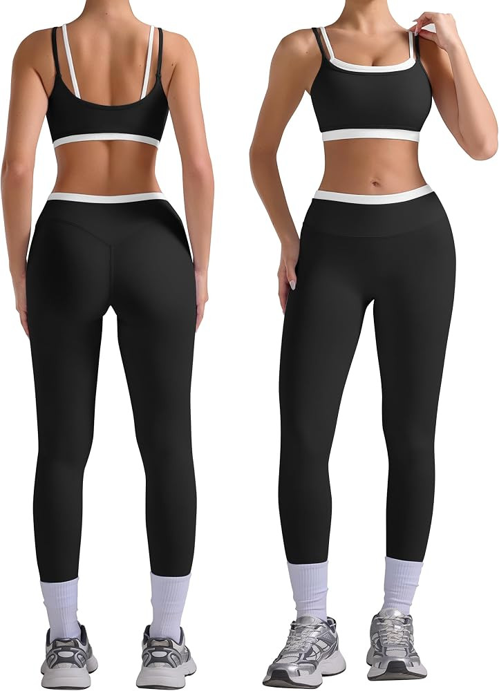 Womens Workout Sets 2 Piece Double Layered Padded Sports Bra Double Waisted Leggings Contrast Tri... | Amazon (US)