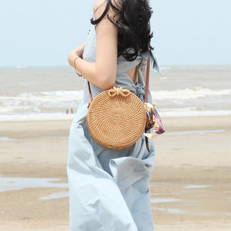 Midnight Women Handwoven Round Rattan Bag Shoulder Leather Straps Natural Chic Handbag | Walmart (US)