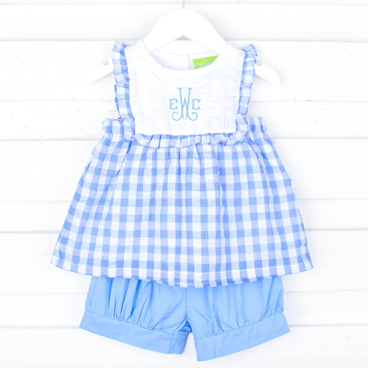 Blue Check Ruffle Bib Short Set | Classic Whimsy