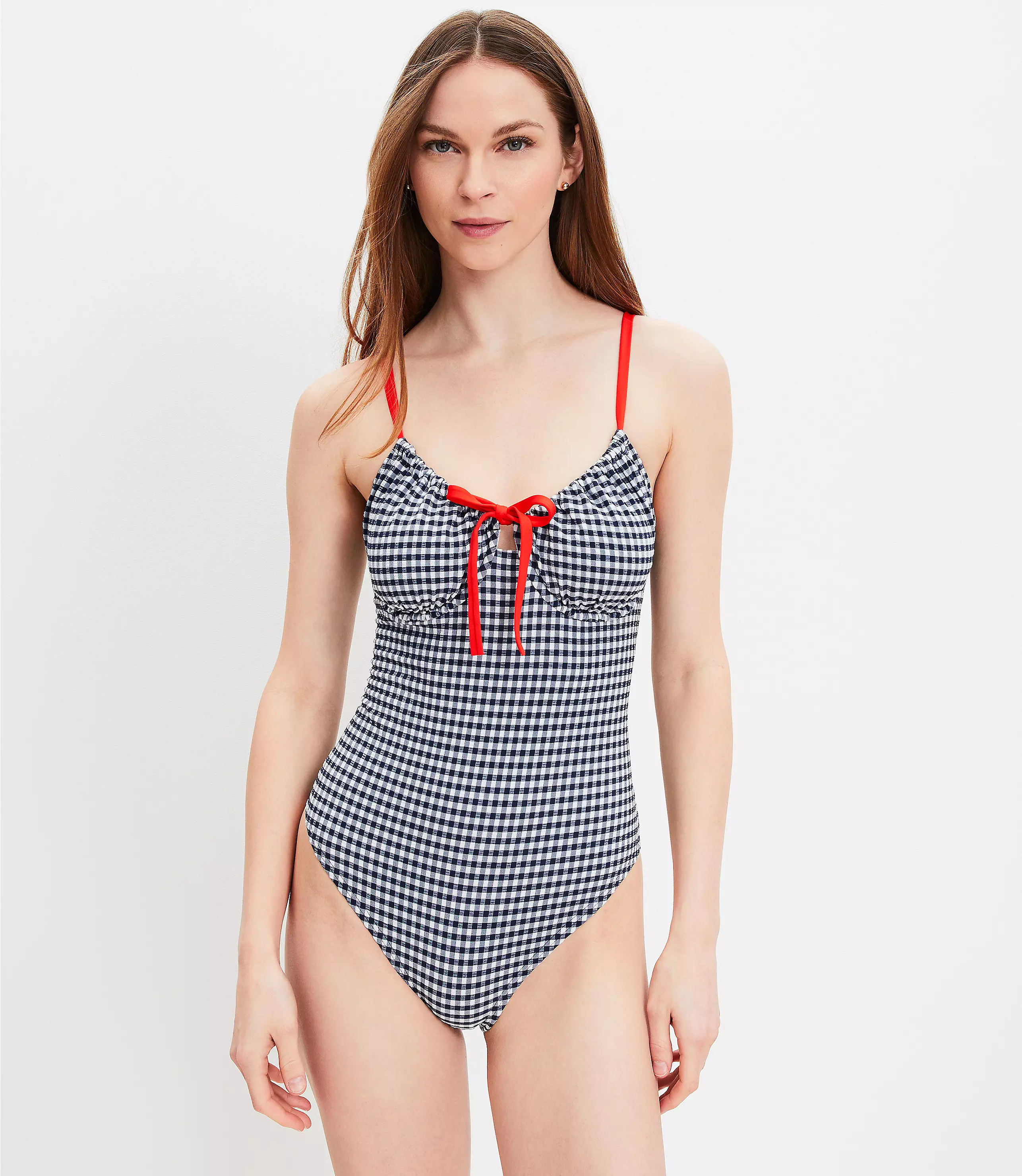 LOFT Beach Gingham Front Tie Keyhole One Piece Swimsuit | LOFT